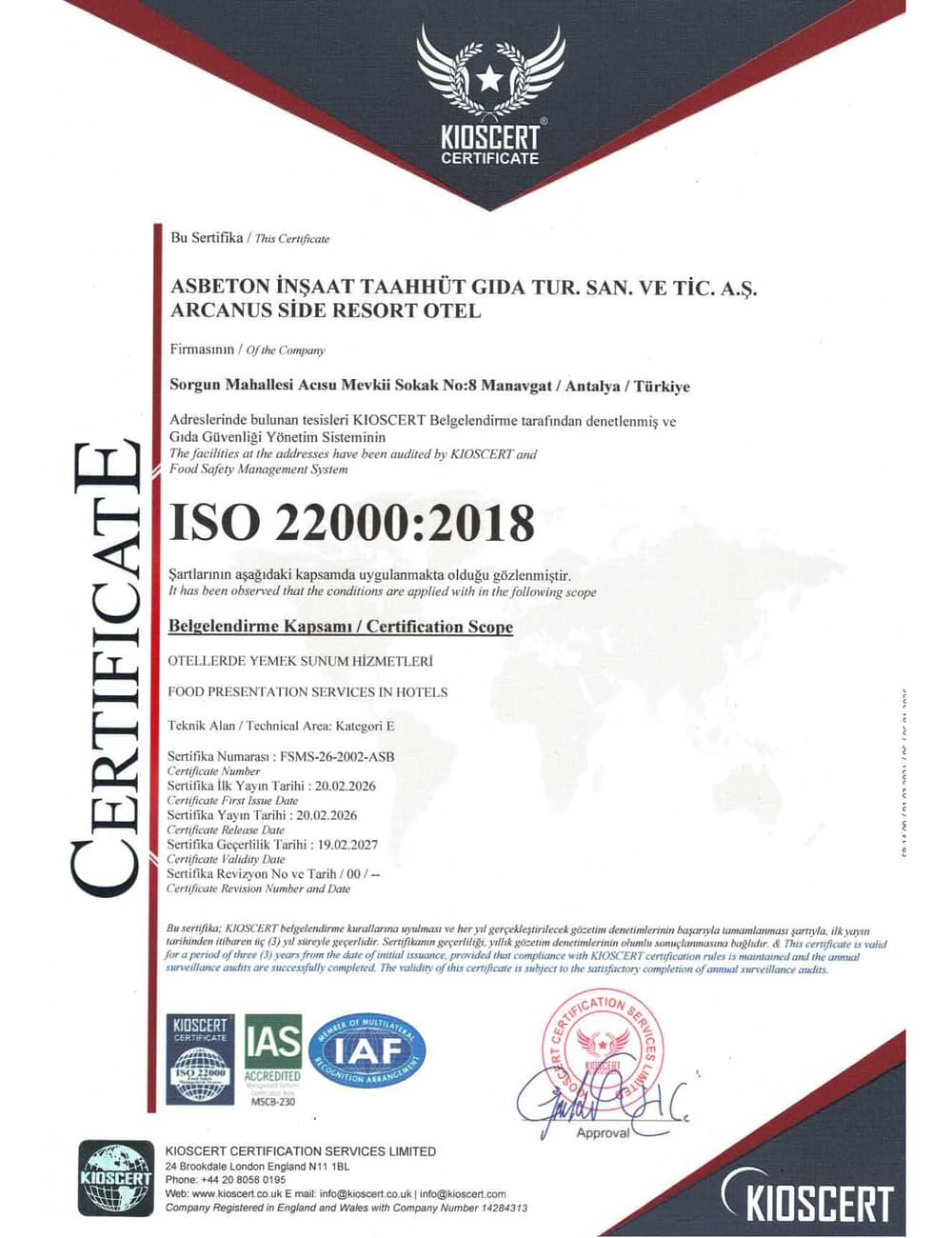 ISO 22000:2018 Gıda Güvenliği Yönetim Sistemi (Kioscert)