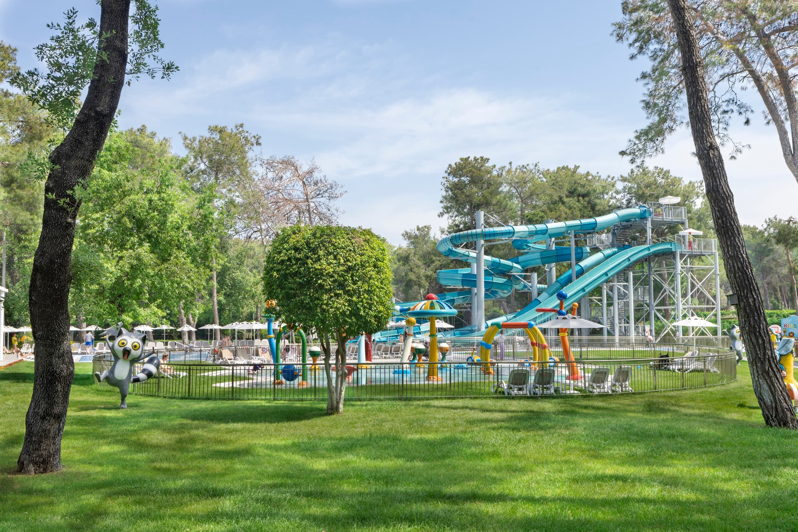 Water slides and children's pool among the pine trees